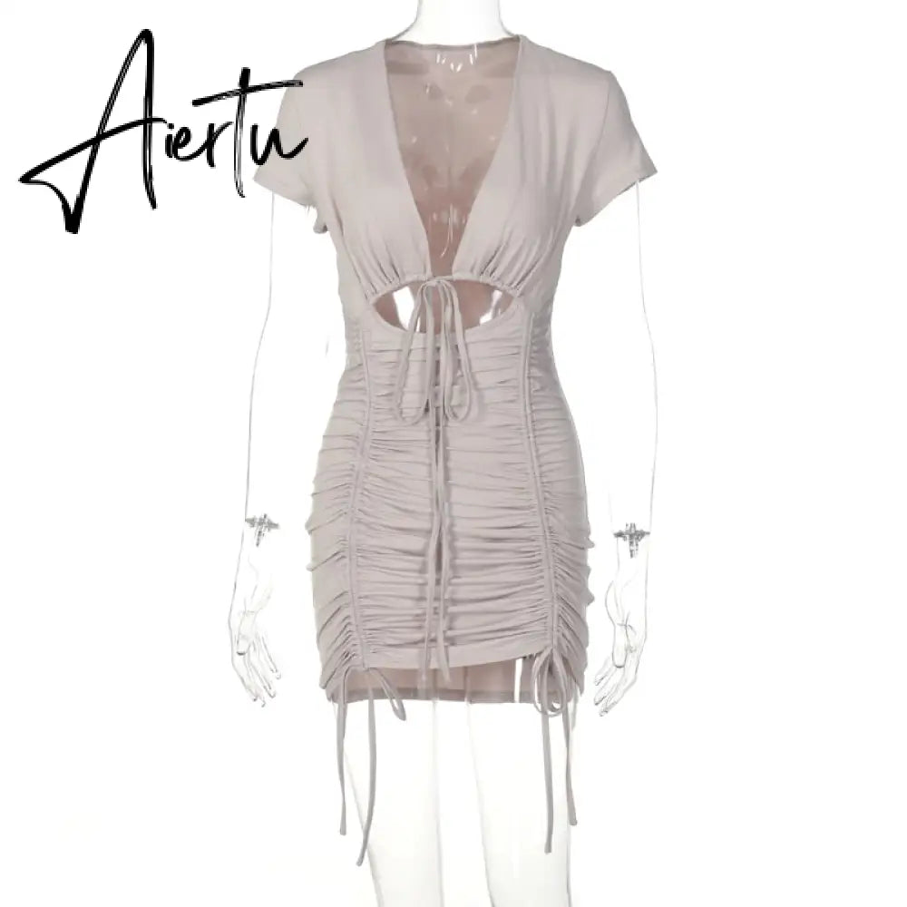 Aiertu Drawstring Bandage Sleeveless Backless Ruched Pleated Mini Dress Evening Party Sexy Slim Elegant Y2K Clothing Aiertu