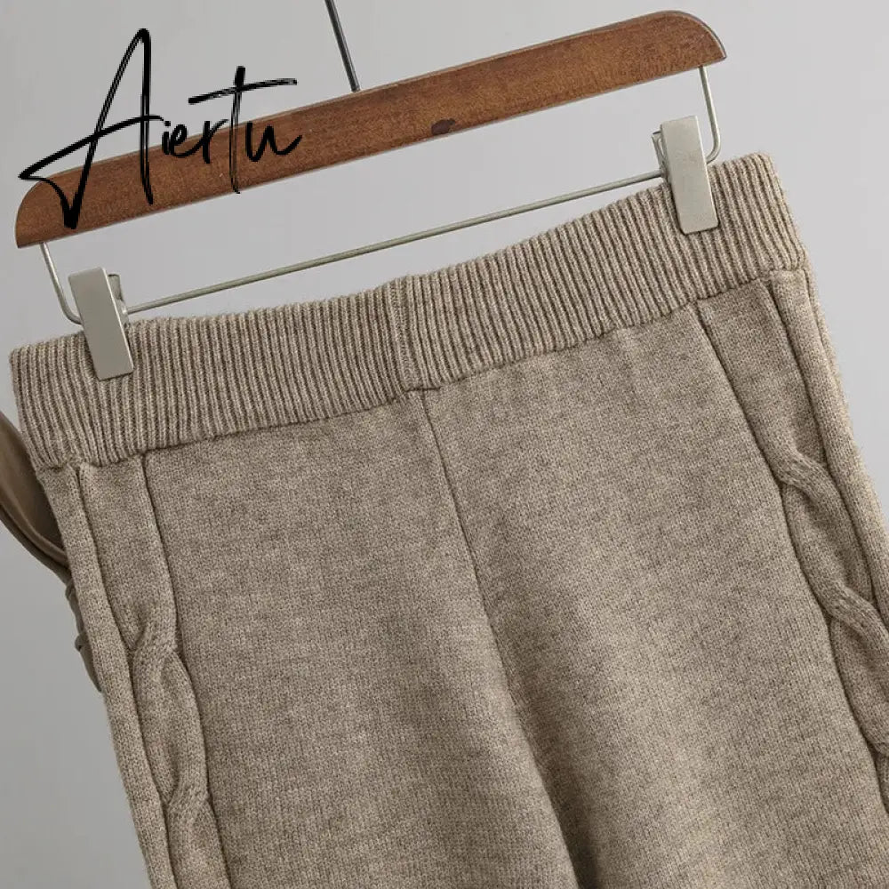 Aiertu Drawstring Hooded Women Knitted Sets Irregular Loose Sweater+Casual Wide Leg Long Pants Winter Warm Two Pieces Suits Aiertu
