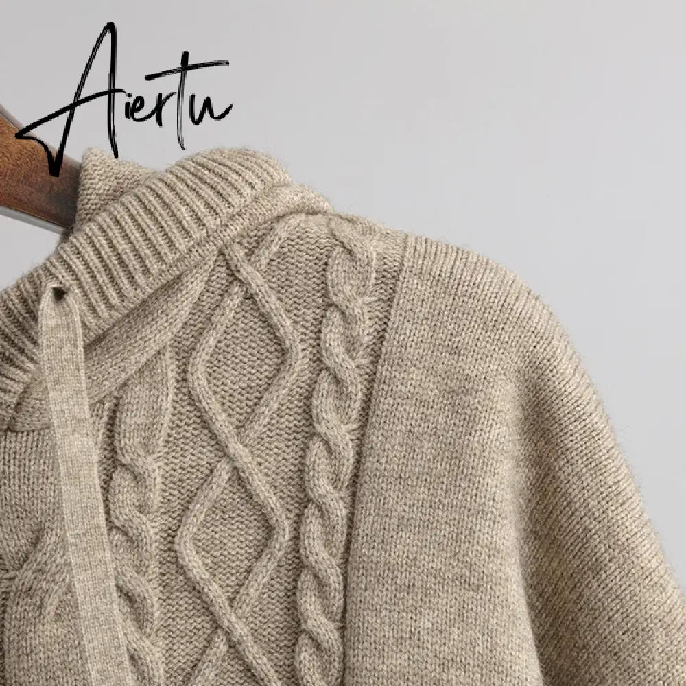 Aiertu Drawstring Hooded Women Knitted Sets Irregular Loose Sweater+Casual Wide Leg Long Pants Winter Warm Two Pieces Suits Aiertu