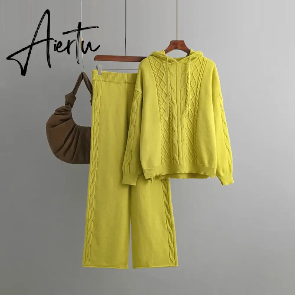 Aiertu Drawstring Hooded Women Knitted Sets Irregular Loose Sweater+Casual Wide Leg Long Pants Winter Warm Two Pieces Suits Aiertu
