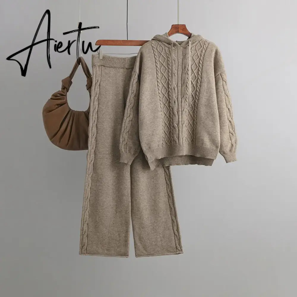 Aiertu Drawstring Hooded Women Knitted Sets Irregular Loose Sweater+Casual Wide Leg Long Pants Winter Warm Two Pieces Suits Aiertu