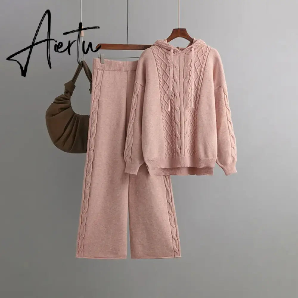 Aiertu Drawstring Hooded Women Knitted Sets Irregular Loose Sweater+Casual Wide Leg Long Pants Winter Warm Two Pieces Suits Aiertu
