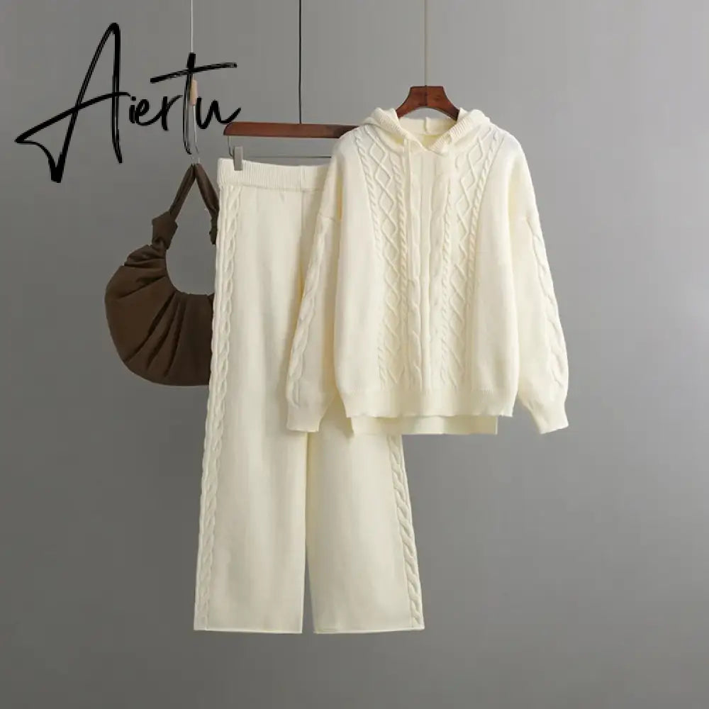 Aiertu Drawstring Hooded Women Knitted Sets Irregular Loose Sweater+Casual Wide Leg Long Pants Winter Warm Two Pieces Suits Aiertu