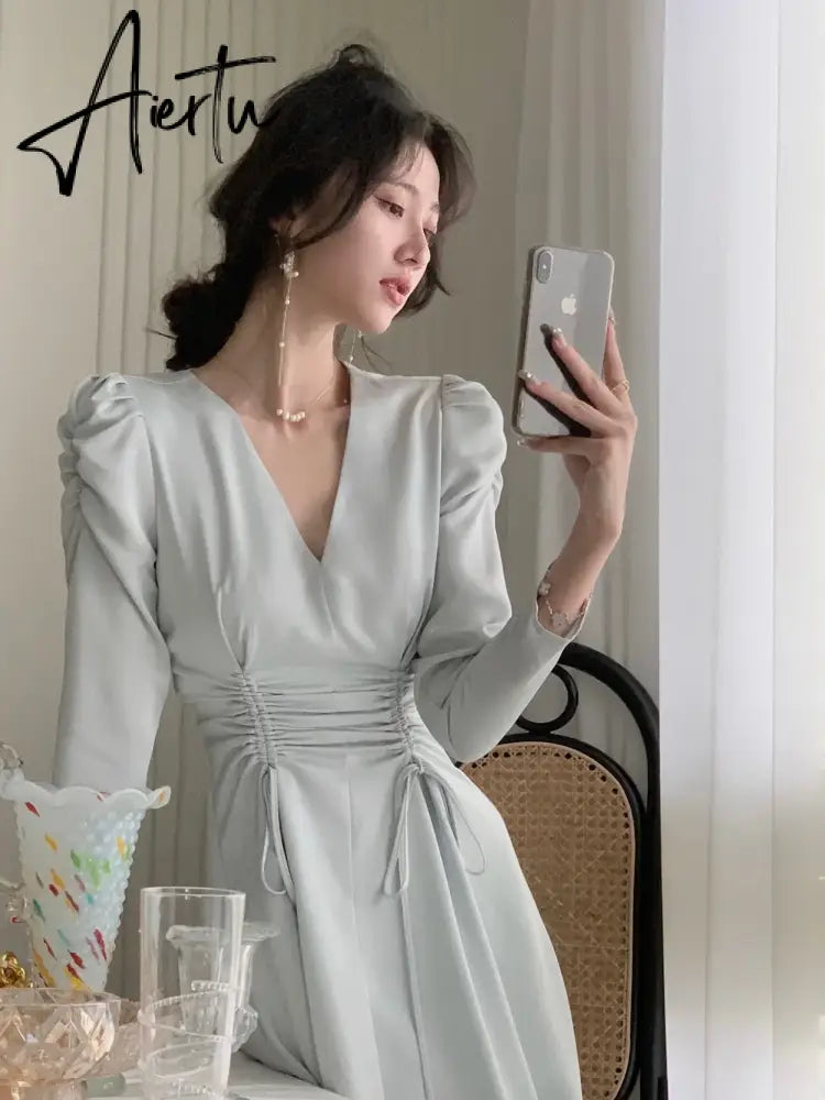 Aiertu  Drawstring Pleated Chic Satin V-neck Midi Dress Women Autumn Korean Puff Sleeve Skinny High Waist Elegant Dresses Female Aiertu