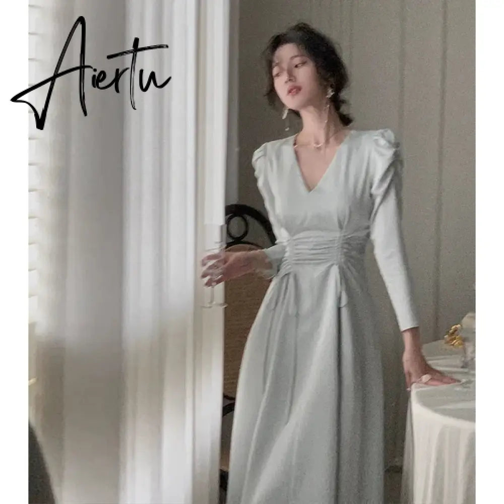 Aiertu  Drawstring Pleated Chic Satin V-neck Midi Dress Women Autumn Korean Puff Sleeve Skinny High Waist Elegant Dresses Female Aiertu