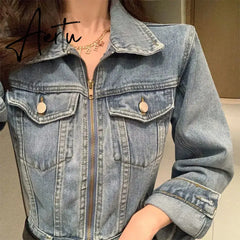 Aiertu Early Autumn Vintage Chic Denim Dress Women 2024 New Waist Long Sleeve Zipper Dress Ladies Fashion A-line Mini Jean Dress Female Aiertu