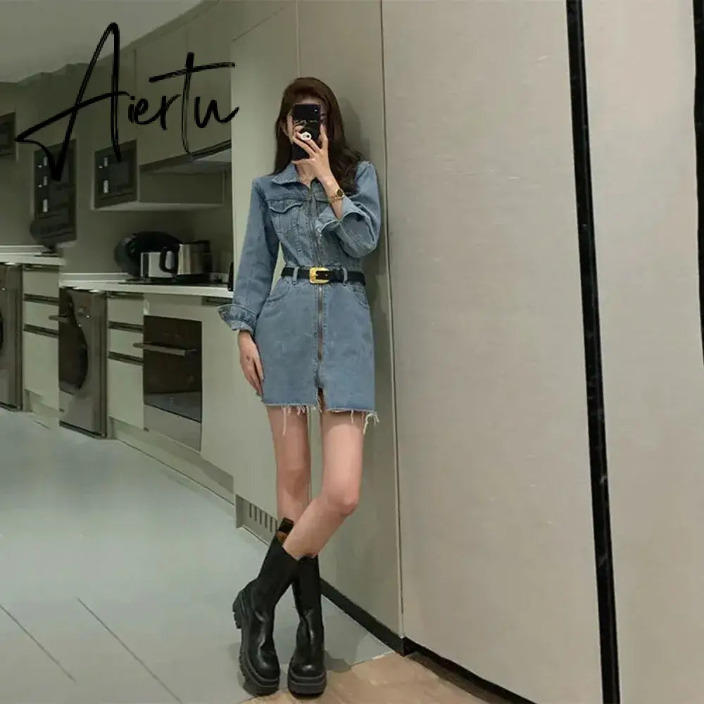 Aiertu Early Autumn Vintage Chic Denim Dress Women 2024 New Waist Long Sleeve Zipper Dress Ladies Fashion A-line Mini Jean Dress Female Aiertu
