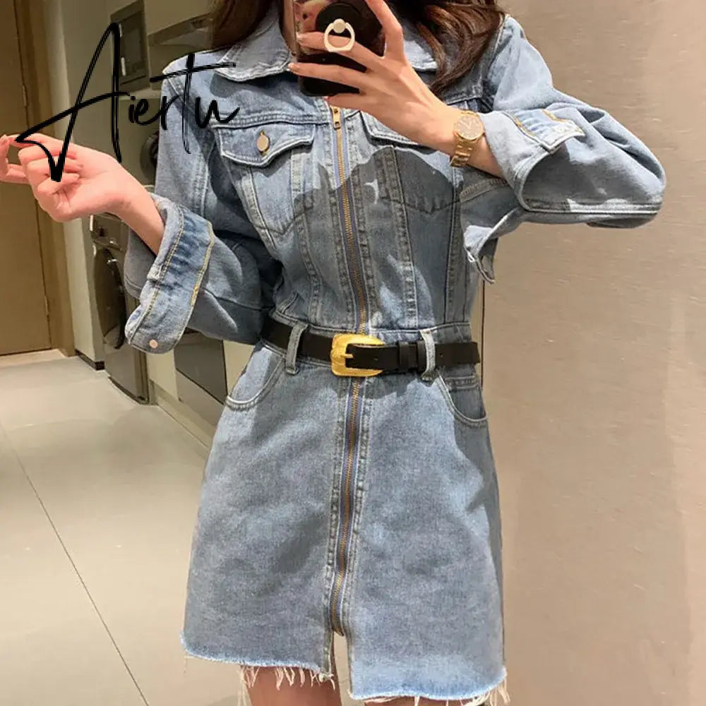 Aiertu Early Autumn Vintage Chic Denim Dress Women 2024 New Waist Long Sleeve Zipper Dress Ladies Fashion A-line Mini Jean Dress Female Aiertu