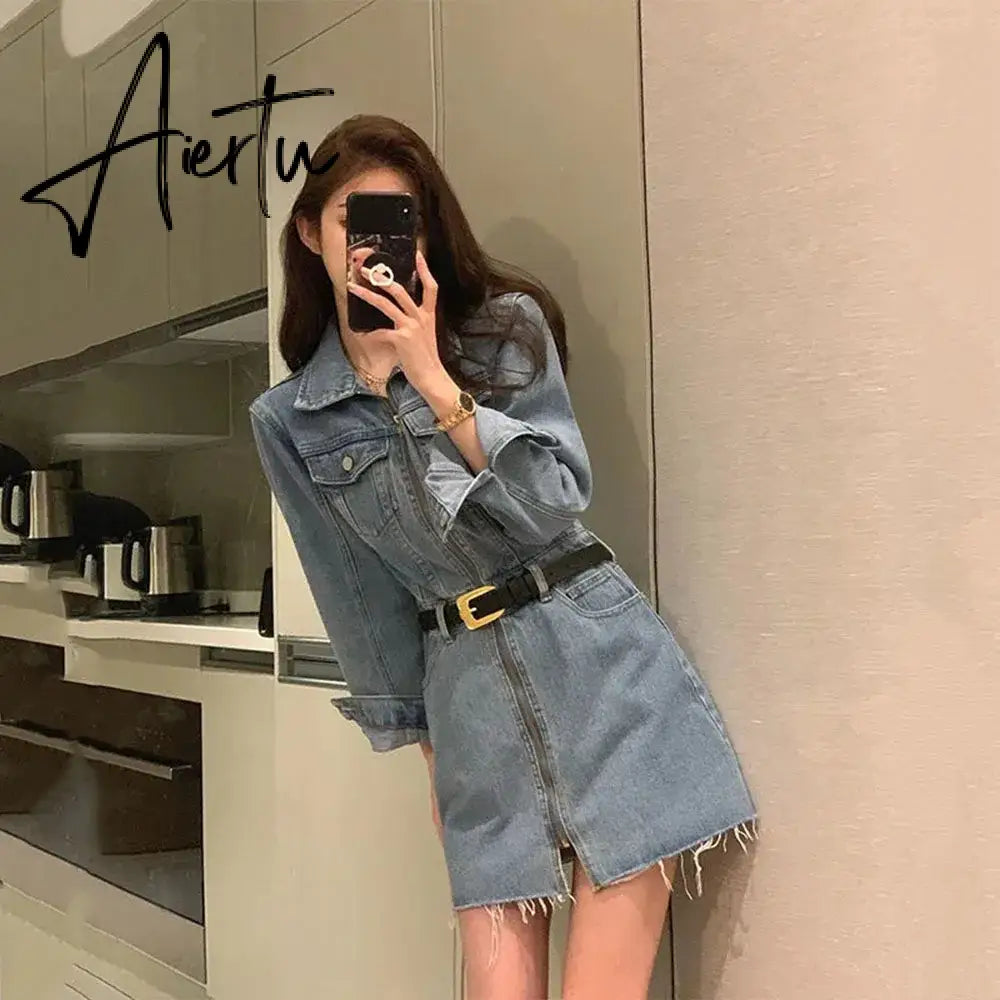 Aiertu Early Autumn Vintage Chic Denim Dress Women 2024 New Waist Long Sleeve Zipper Dress Ladies Fashion A-line Mini Jean Dress Female Aiertu