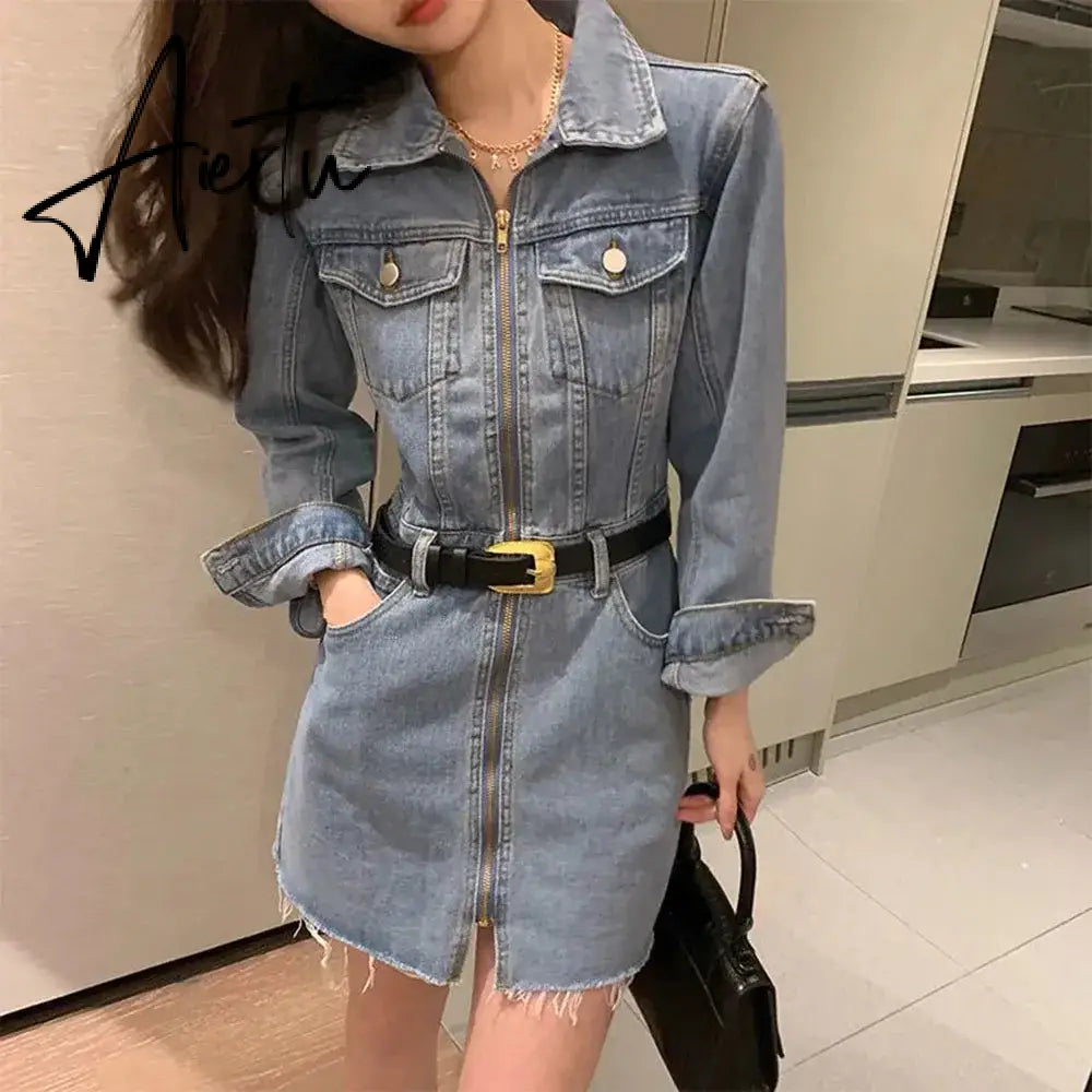 Aiertu Early Autumn Vintage Chic Denim Dress Women 2024 New Waist Long Sleeve Zipper Dress Ladies Fashion A-line Mini Jean Dress Female Aiertu
