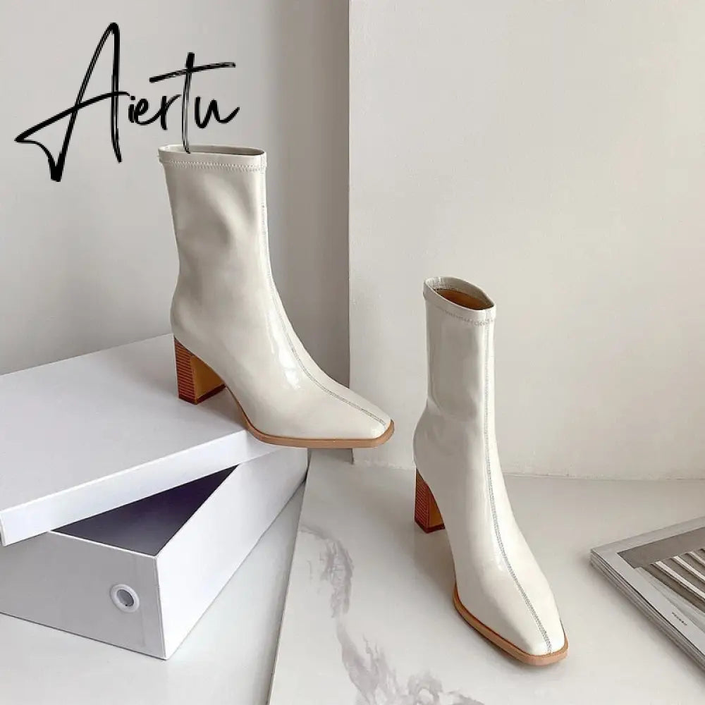 Aiertu  Elastic Thin Boots Mid-tube Short Boots Autumn and Winter New Thick Heel High Heel Patent Leather White Martin Boots Women Aiertu