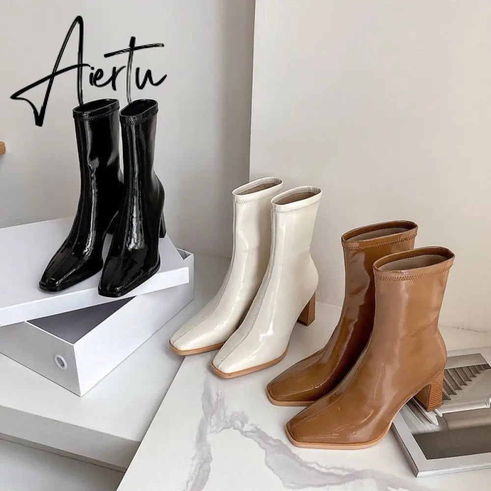 Aiertu  Elastic Thin Boots Mid-tube Short Boots Autumn and Winter New Thick Heel High Heel Patent Leather White Martin Boots Women Aiertu