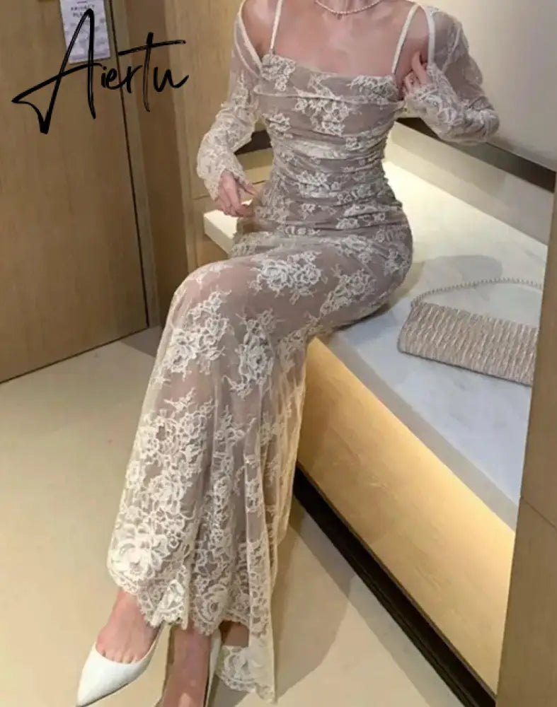Aiertu Elegant Bandage White Lace Wedding Dress Vintage Bodycon Evening Prom Mermaid Robe Women Summer Spaghetti Straps Vestidos Mujer Aiertu