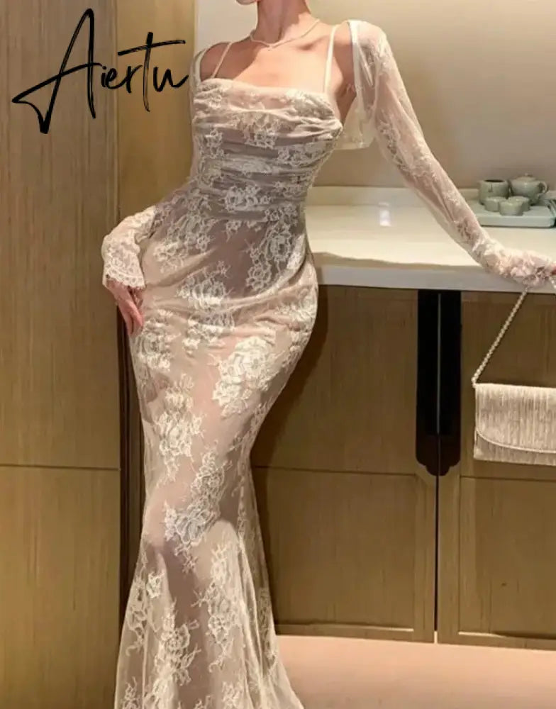 Aiertu Elegant Bandage White Lace Wedding Dress Vintage Bodycon Evening Prom Mermaid Robe Women Summer Spaghetti Straps Vestidos Mujer Aiertu