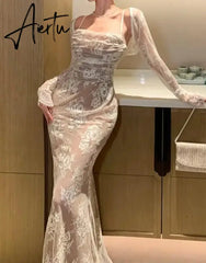 Aiertu Elegant Bandage White Lace Wedding Dress Vintage Bodycon Evening Prom Mermaid Robe Women Summer Spaghetti Straps Vestidos Mujer Aiertu