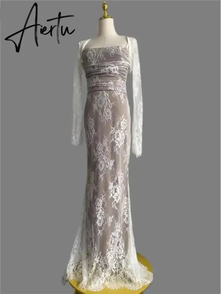 Aiertu Elegant Bandage White Lace Wedding Dress Vintage Bodycon Evening Prom Mermaid Robe Women Summer Spaghetti Straps Vestidos Mujer Aiertu