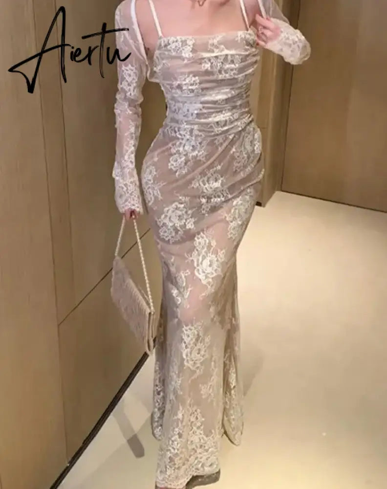 Aiertu Elegant Bandage White Lace Wedding Dress Vintage Bodycon Evening Prom Mermaid Robe Women Summer Spaghetti Straps Vestidos Mujer Aiertu
