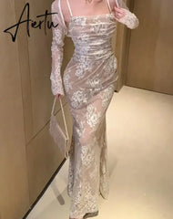 Aiertu Elegant Bandage White Lace Wedding Dress Vintage Bodycon Evening Prom Mermaid Robe Women Summer Spaghetti Straps Vestidos Mujer Aiertu