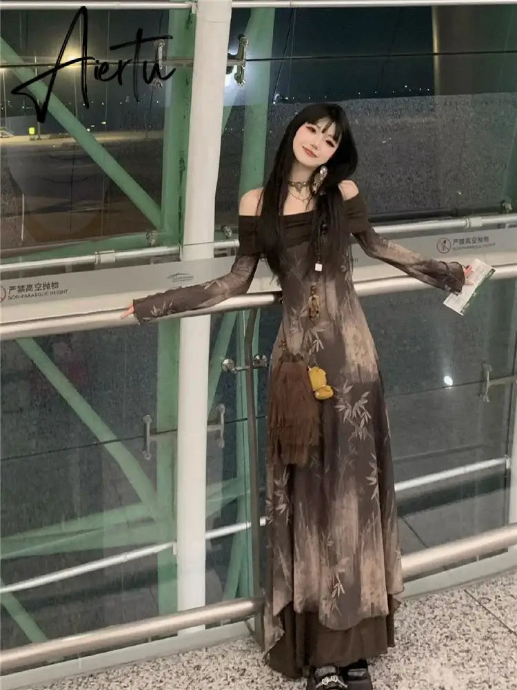 Aiertu Elegant Casual Women Vintage Letter Dresses Slash Neck Long Sleeve Grunge Dress Fashion Off Shoulder Sweet Y2k Aiertu