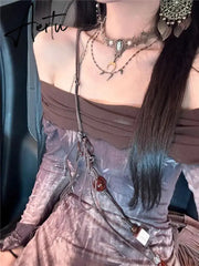Aiertu Elegant Casual Women Vintage Letter Dresses Slash Neck Long Sleeve Grunge Dress Fashion Off Shoulder Sweet Y2k Aiertu