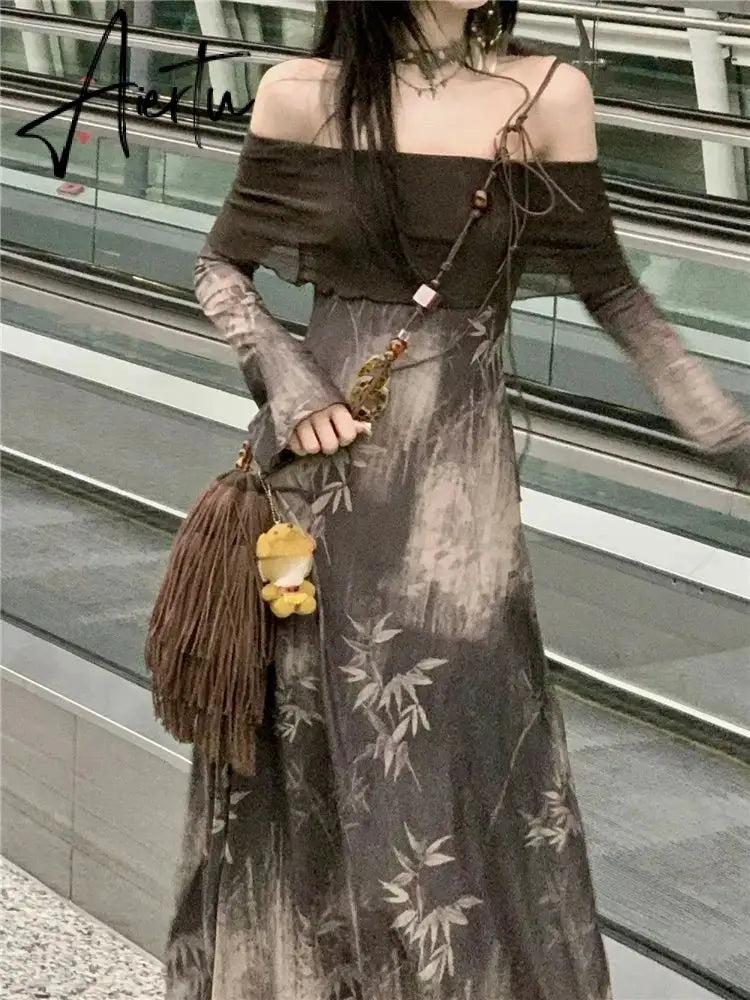 Aiertu Elegant Casual Women Vintage Letter Dresses Slash Neck Long Sleeve Grunge Dress Fashion Off Shoulder Sweet Y2k Aiertu