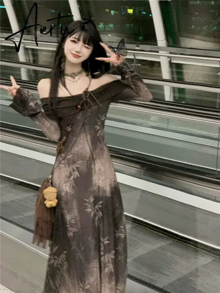 Aiertu Elegant Casual Women Vintage Letter Dresses Slash Neck Long Sleeve Grunge Dress Fashion Off Shoulder Sweet Y2k Aiertu