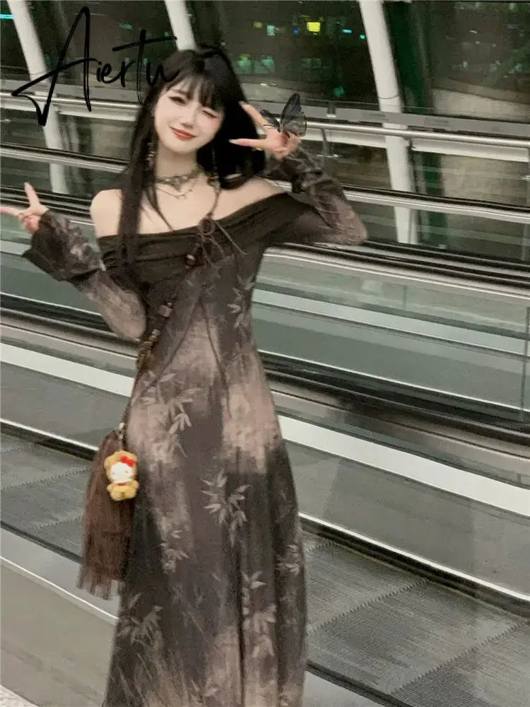 Aiertu Elegant Casual Women Vintage Letter Dresses Slash Neck Long Sleeve Grunge Dress Fashion Off Shoulder Sweet Y2k Aiertu