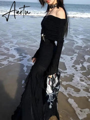Aiertu  Elegant Fashion Dark Ruffles Split Long Dress Gothic Slash Neck Long Sleeve Maxi Dresses For Women  Holiday Beach Aiertu