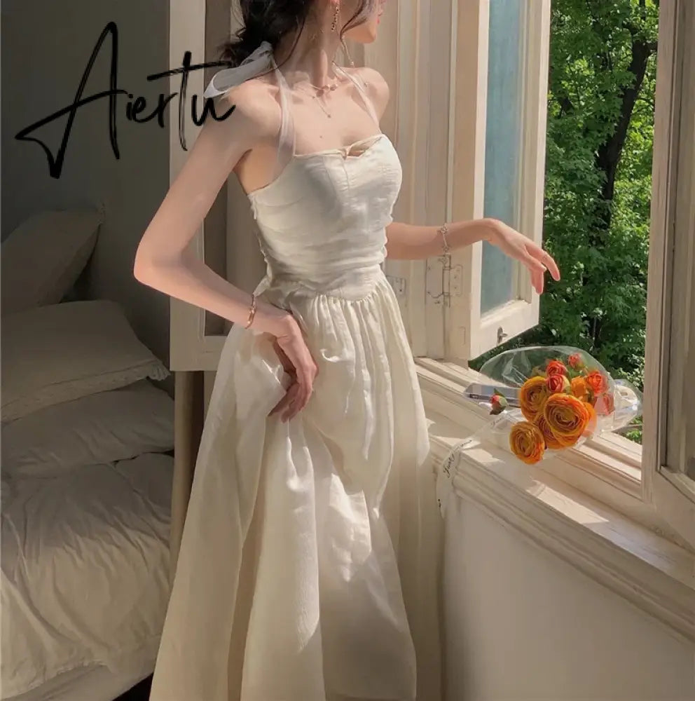 Aiertu Elegant Fashion Halter Fairy Graduation Dresses Summer Woman Korean Solid A-Line Birthday Evering Party Vestidos Female Clothes Aiertu