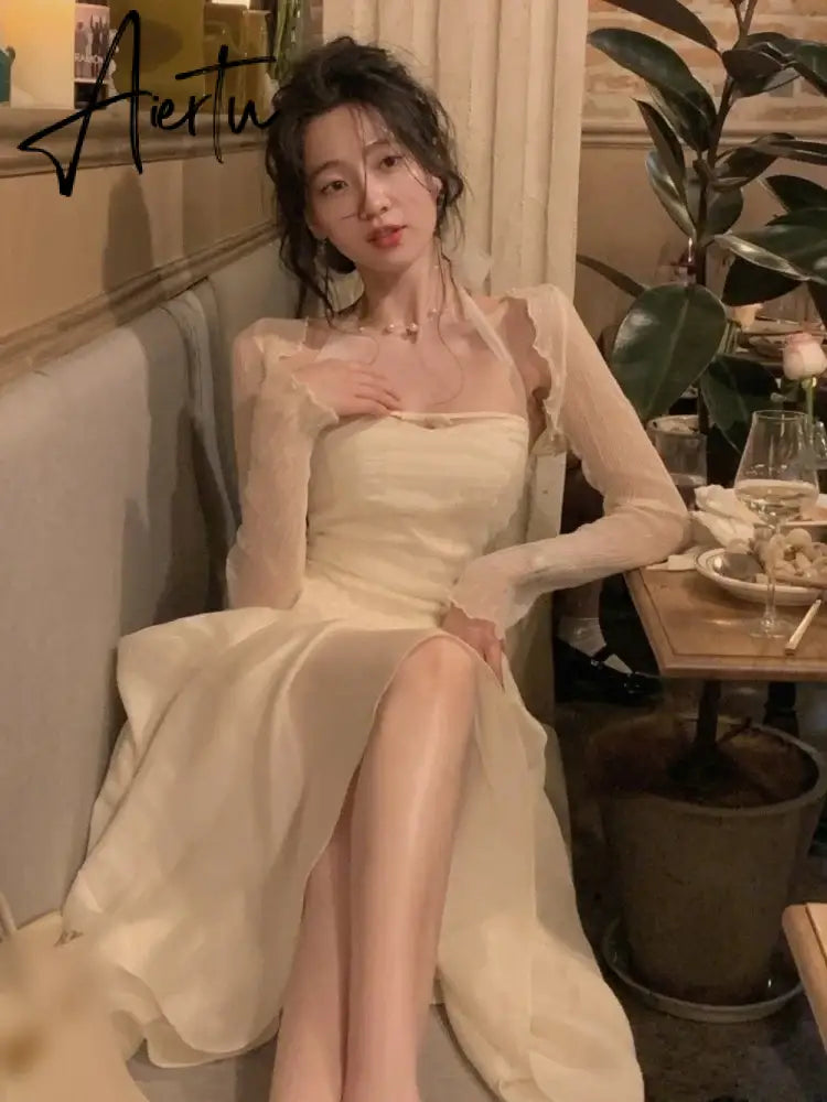 Aiertu Elegant Fashion Halter Fairy Graduation Dresses Summer Woman Korean Solid A-Line Birthday Evering Party Vestidos Female Clothes Aiertu