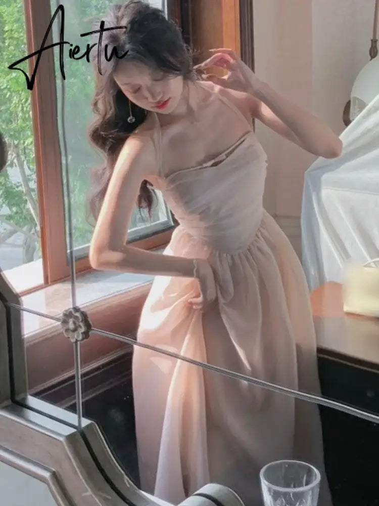 Aiertu Elegant Fashion Halter Fairy Graduation Dresses Summer Woman Korean Solid A-Line Birthday Evering Party Vestidos Female Clothes Aiertu