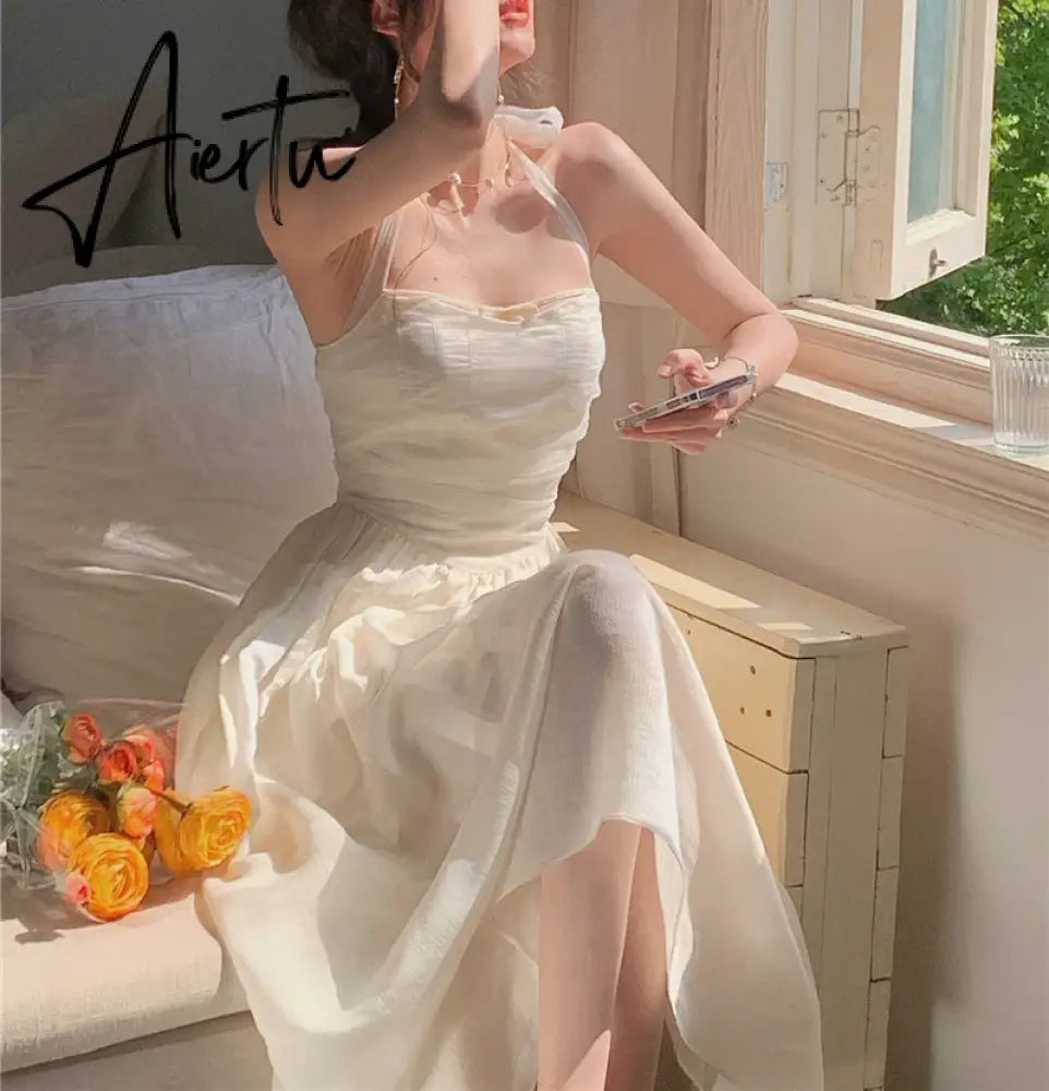 Aiertu Elegant Fashion Halter Fairy Graduation Dresses Summer Woman Korean Solid A-Line Birthday Evering Party Vestidos Female Clothes Aiertu