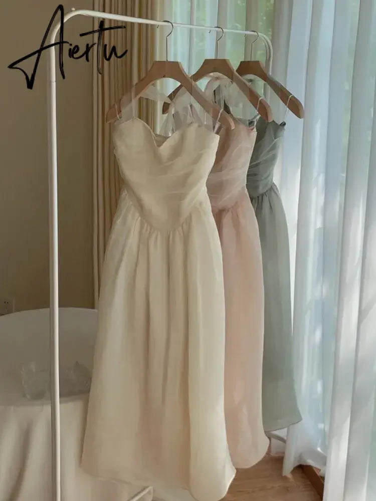 Aiertu Elegant Fashion Halter Fairy Graduation Dresses Summer Woman Korean Solid A-Line Birthday Evering Party Vestidos Female Clothes Aiertu
