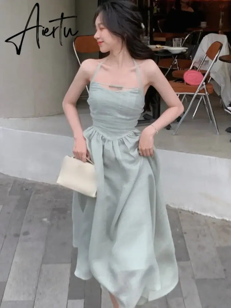 Aiertu Elegant Fashion Halter Fairy Graduation Dresses Summer Woman Korean Solid A-Line Birthday Evering Party Vestidos Female Clothes Aiertu