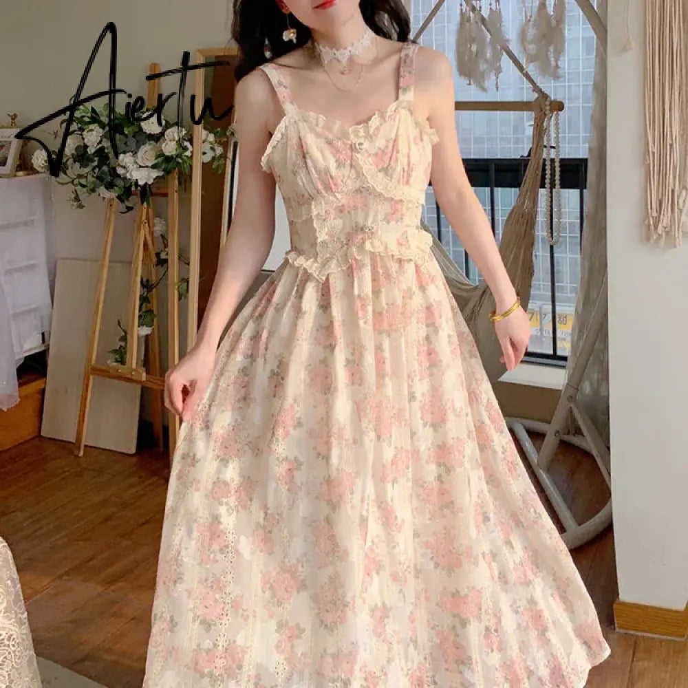 Aiertu Elegant Floral Fairy Dress Women Strap Sexy Party Midi Dresses Casual Design Chic Printing High Waist Fashion Female Dress Aiertu