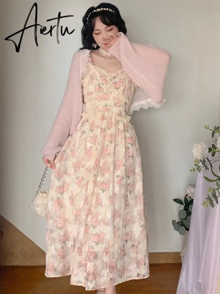 Aiertu Elegant Floral Fairy Dress Women Strap Sexy Party Midi Dresses Casual Design Chic Printing High Waist Fashion Female Dress Aiertu