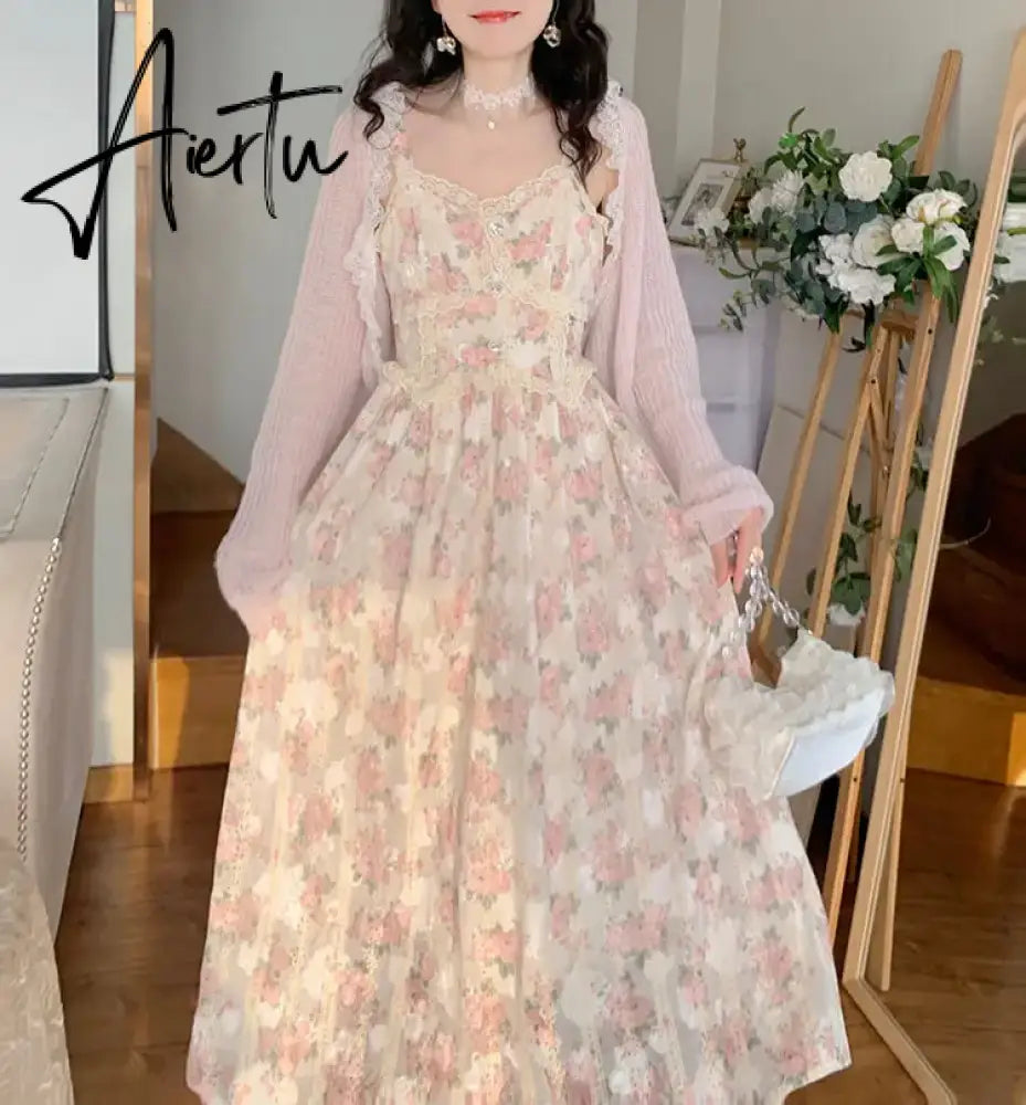 Aiertu Elegant Floral Fairy Dress Women Strap Sexy Party Midi Dresses Casual Design Chic Printing High Waist Fashion Female Dress Aiertu