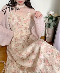 Aiertu Elegant Floral Fairy Dress Women Strap Sexy Party Midi Dresses Casual Design Chic Printing High Waist Fashion Female Dress Aiertu