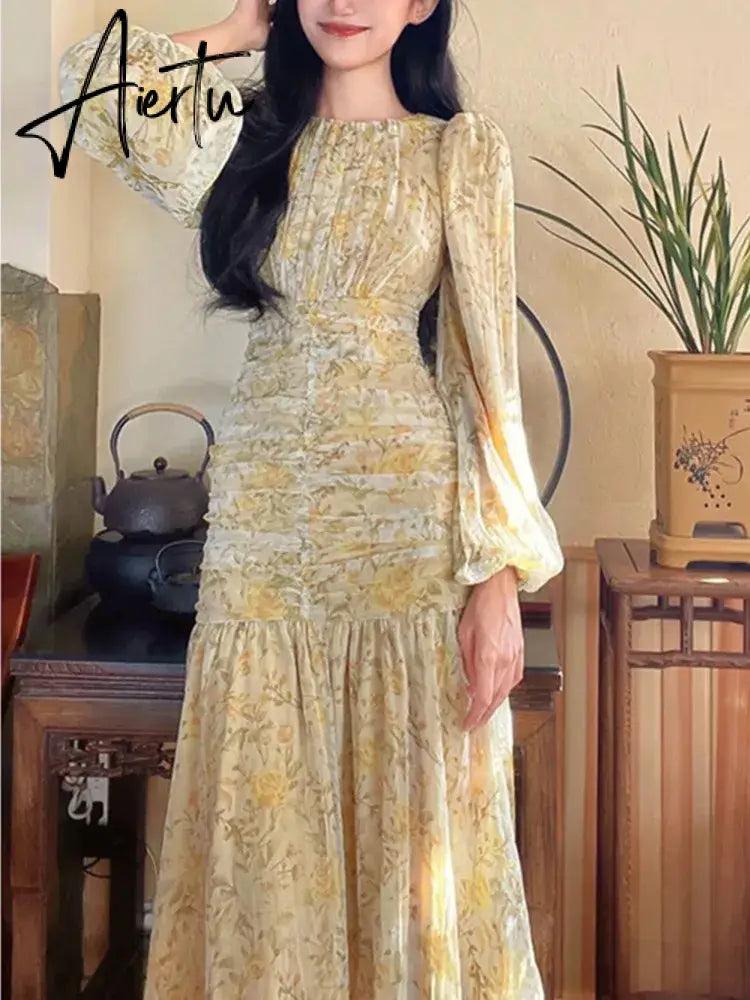 Aiertu Elegant Floral Print Midi Dresses for Women  New Summer Long Sleeve Folds Party Prom Female Clothes Beach Bodycon Dress Robe Aiertu