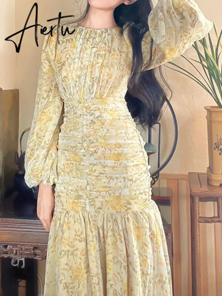 Aiertu Elegant Floral Print Midi Dresses for Women  New Summer Long Sleeve Folds Party Prom Female Clothes Beach Bodycon Dress Robe Aiertu