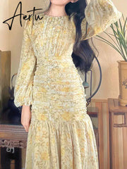 Aiertu Elegant Floral Print Midi Dresses for Women  New Summer Long Sleeve Folds Party Prom Female Clothes Beach Bodycon Dress Robe Aiertu
