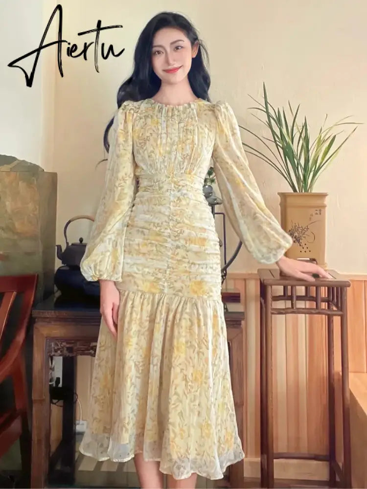 Aiertu Elegant Floral Print Midi Dresses for Women  New Summer Long Sleeve Folds Party Prom Female Clothes Beach Bodycon Dress Robe Aiertu