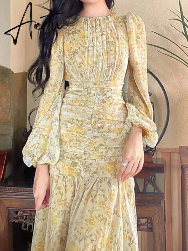 Aiertu Elegant Floral Print Midi Dresses for Women  New Summer Long Sleeve Folds Party Prom Female Clothes Beach Bodycon Dress Robe Aiertu
