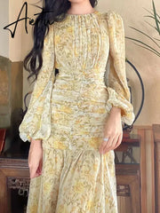 Aiertu Elegant Floral Print Midi Dresses for Women  New Summer Long Sleeve Folds Party Prom Female Clothes Beach Bodycon Dress Robe Aiertu
