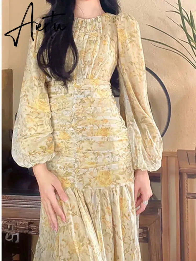 Aiertu Elegant Floral Print Midi Dresses for Women  New Summer Long Sleeve Folds Party Prom Female Clothes Beach Bodycon Dress Robe Aiertu