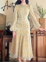 Aiertu Elegant Floral Print Midi Dresses for Women  New Summer Long Sleeve Folds Party Prom Female Clothes Beach Bodycon Dress Robe Aiertu