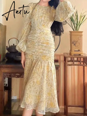 Aiertu Elegant Floral Print Midi Dresses for Women  New Summer Long Sleeve Folds Party Prom Female Clothes Beach Bodycon Dress Robe Aiertu