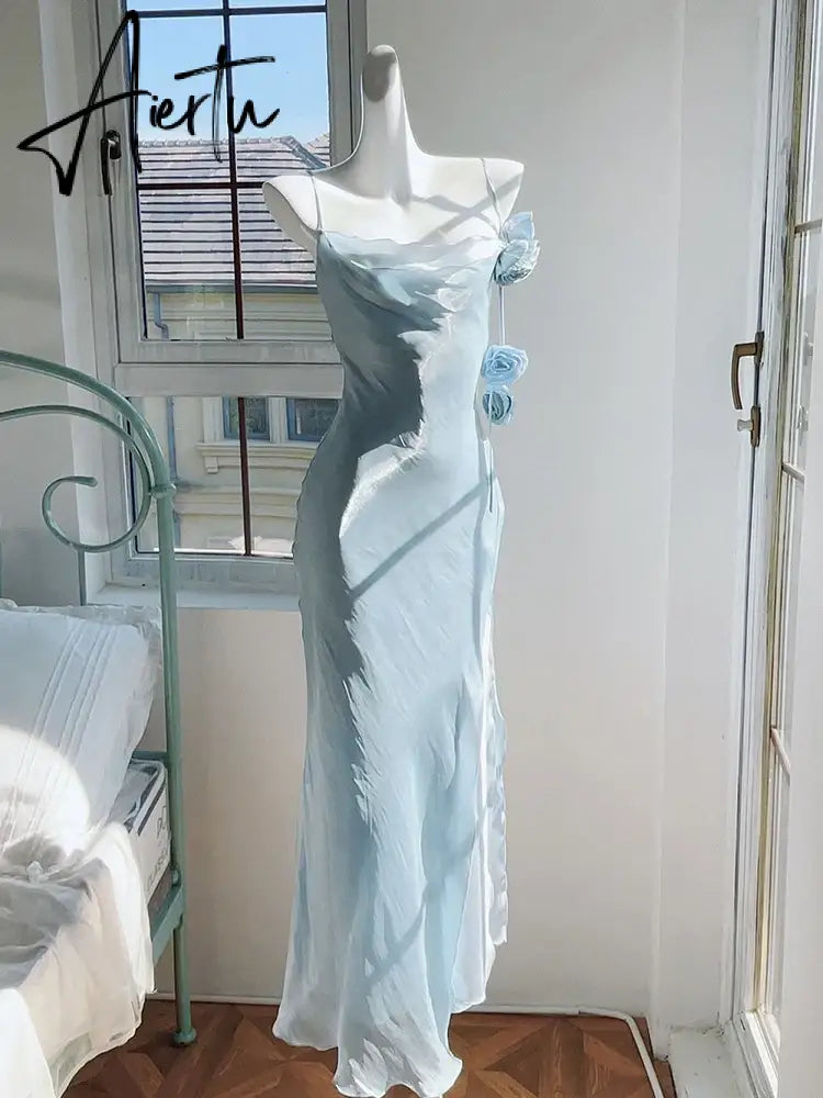 Aiertu Elegant Ice Blue Spaghetti Strap Slim Fitting Women's Dress Rose Decoration Pleated Boat Neck Irregular Eage Birthday Party Gown Aiertu