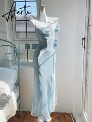 Aiertu Elegant Ice Blue Spaghetti Strap Slim Fitting Women's Dress Rose Decoration Pleated Boat Neck Irregular Eage Birthday Party Gown Aiertu