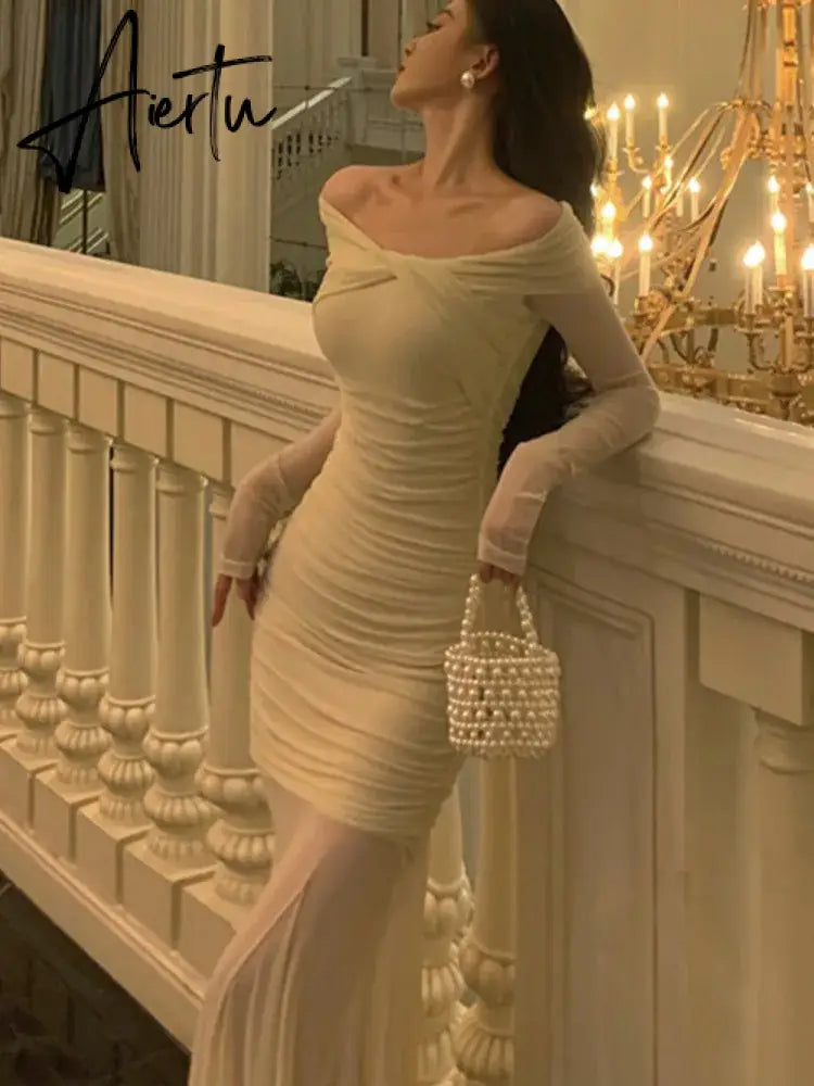 Aiertu Elegant Knitted Dress Women Mesh Patchwork Long Sleeve Slash Neck Wrap Hip Autumn Spring Evening Party Prom Robe Vestidos Mujer Aiertu